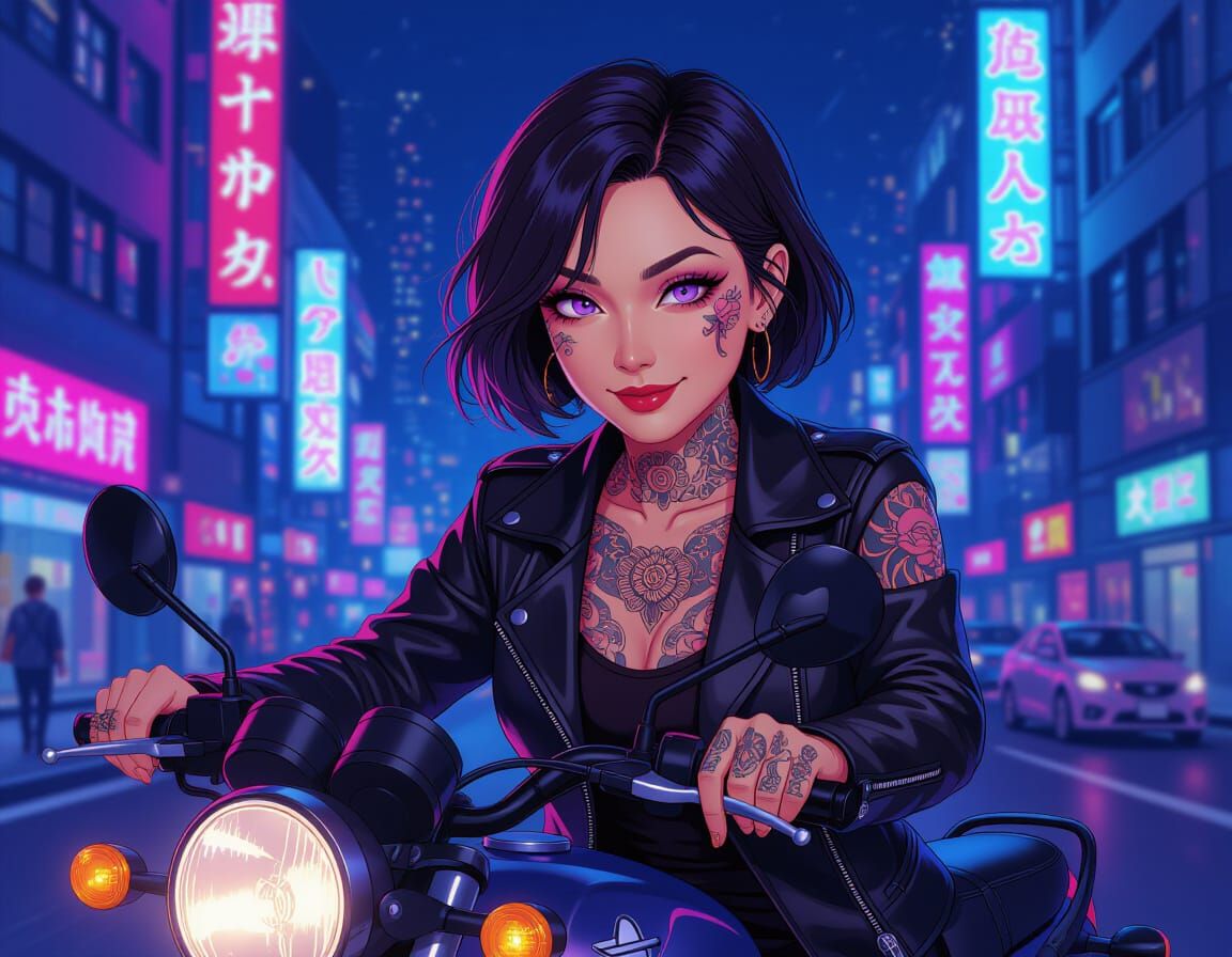 Thai Woman Rides Motorcycle in Neon City, Art Nouveau Style