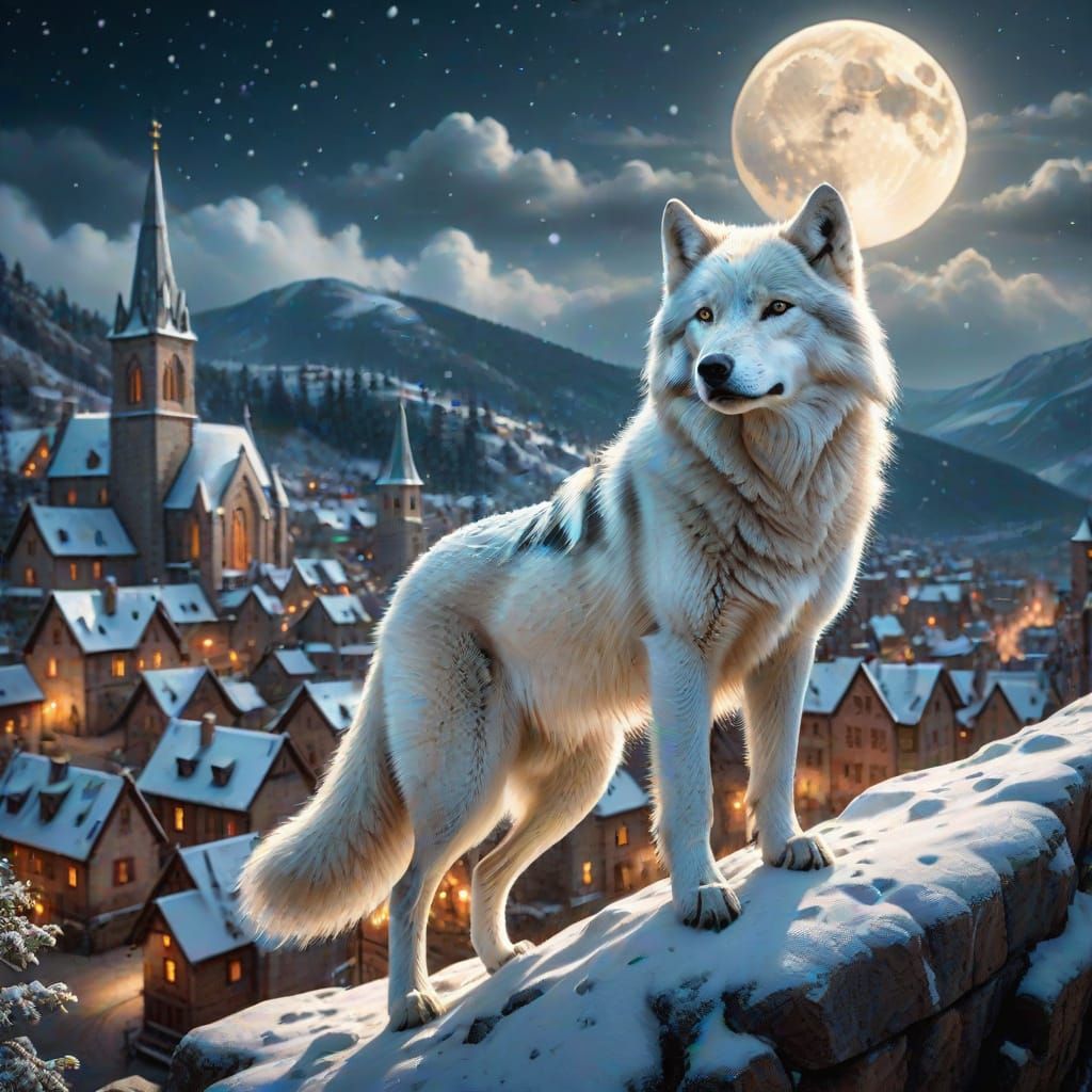 Winter Wolf Standing on Snowy Cliff at Full Moon