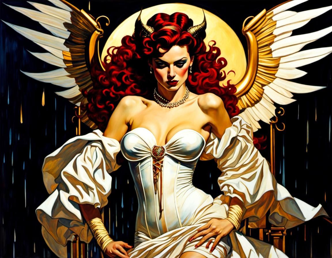 Vibrant She-Devil with Demon Wings Art Deco Style