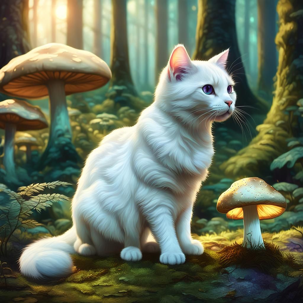 Cat Discovering Giant Mushroom, Matte Painting