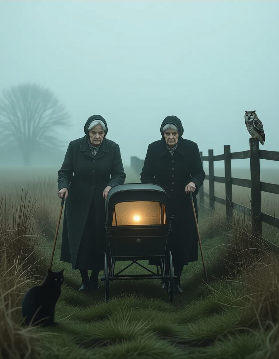 Two Women with Eerie Carriage in Foggy Field