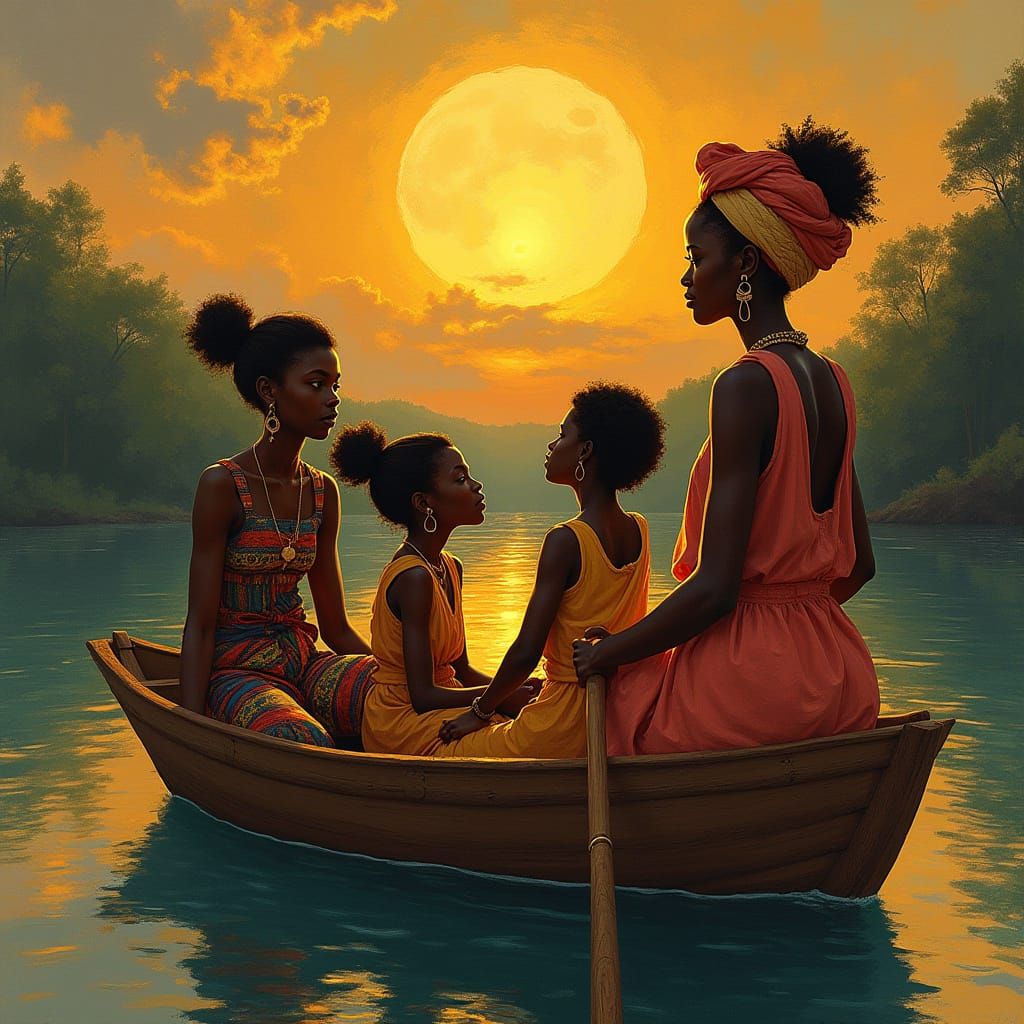 African Family Sailing Under a Golden Moon