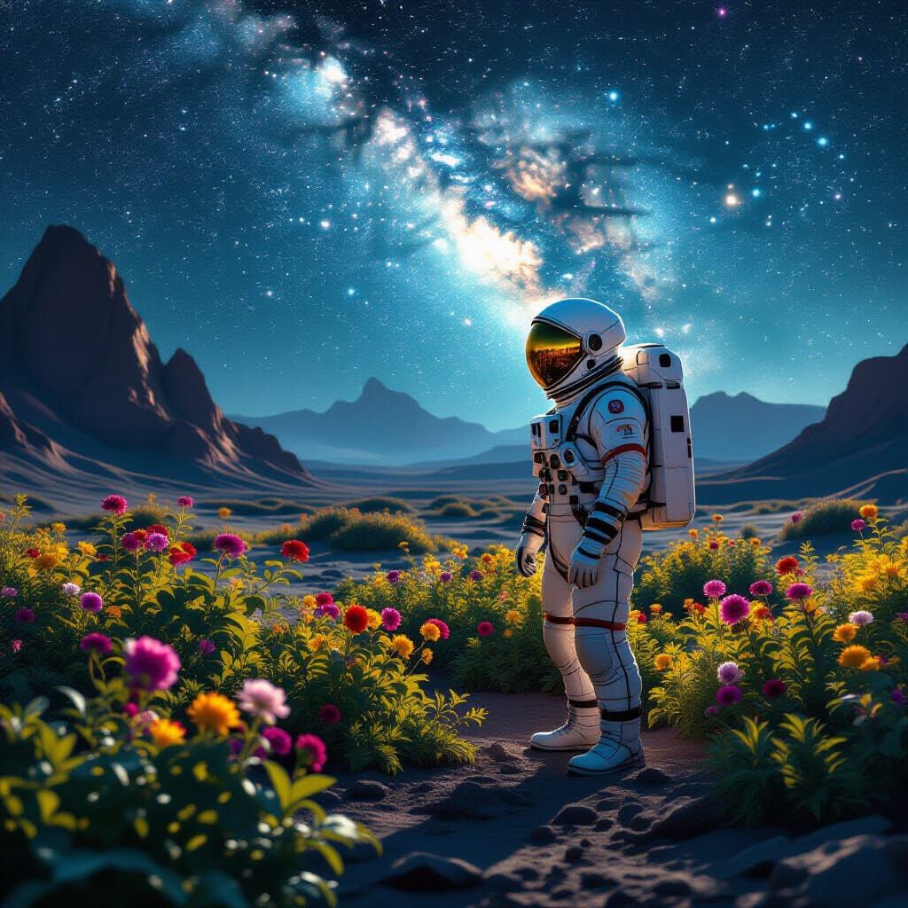 Astronaut Tends Bioluminescent Garden on Alien World