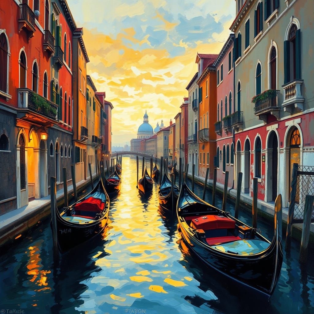 Gondolas in Golden Twilight, Venice Impressionist Masterpiec...