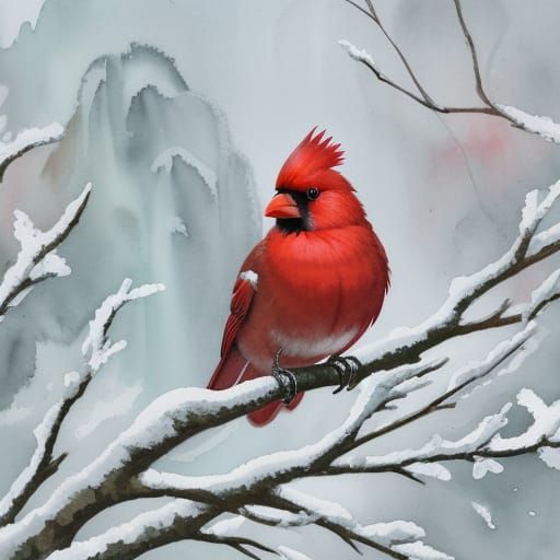 Cardinal on Snowy Branch Watercolor Painting