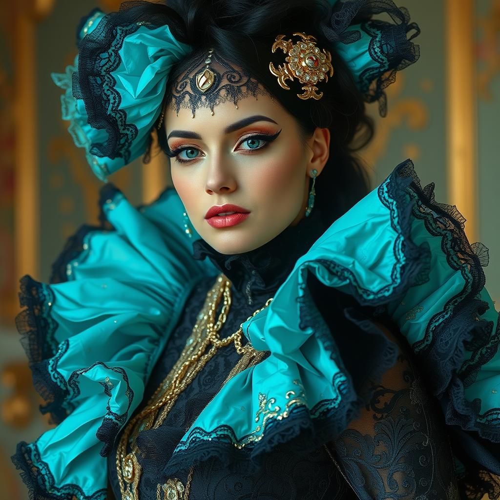A rococopunk women in striking black and turquoise, exuding ...