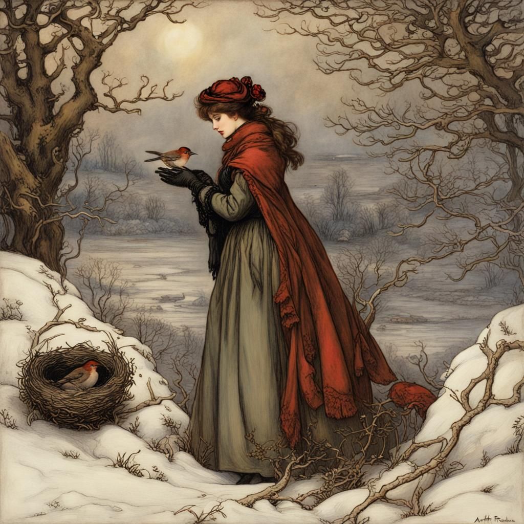 Victorian Woman and Robin's Nest in Winter