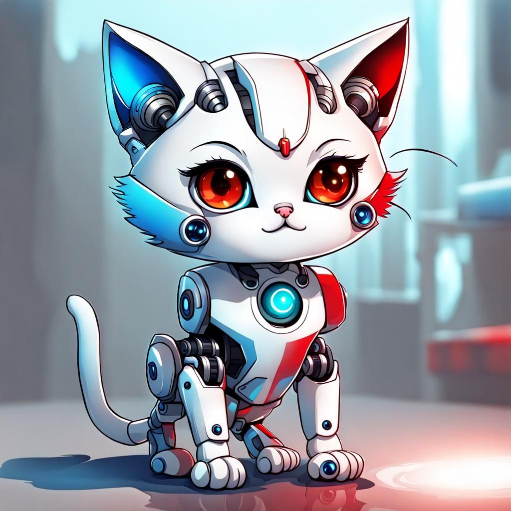 Chibi Robot Kitten with Mismatched Eyes