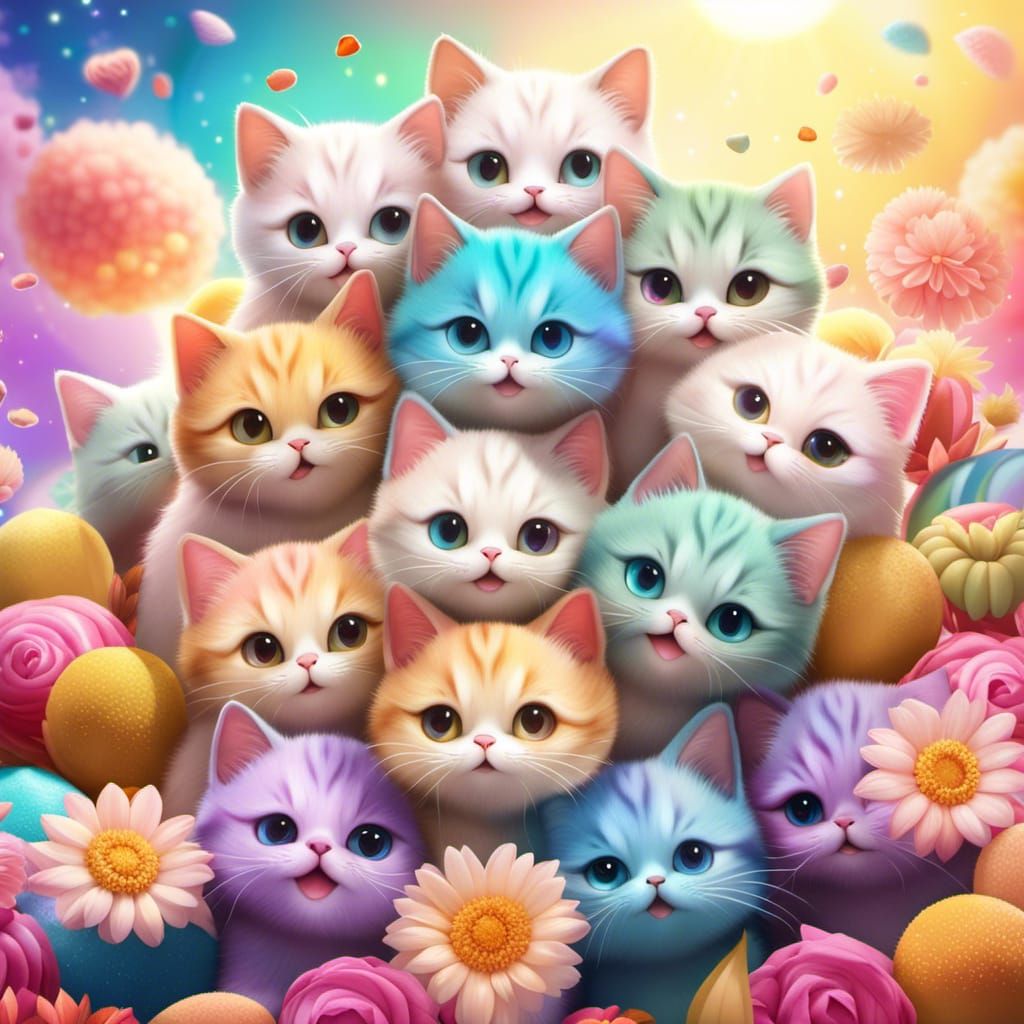 Colorful Chibi Mochi Cats Stacked High