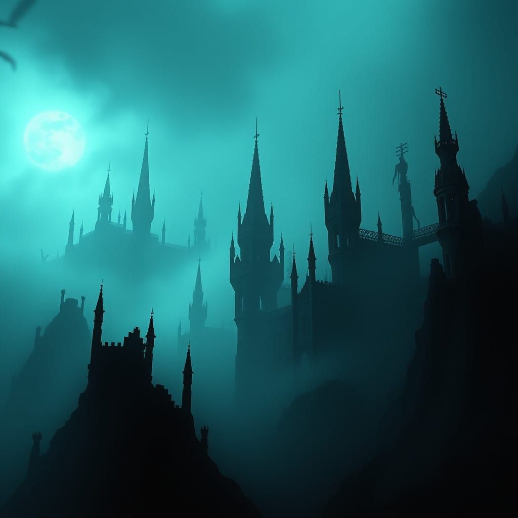 Dark Gothic Landscape in Mysterious Fog