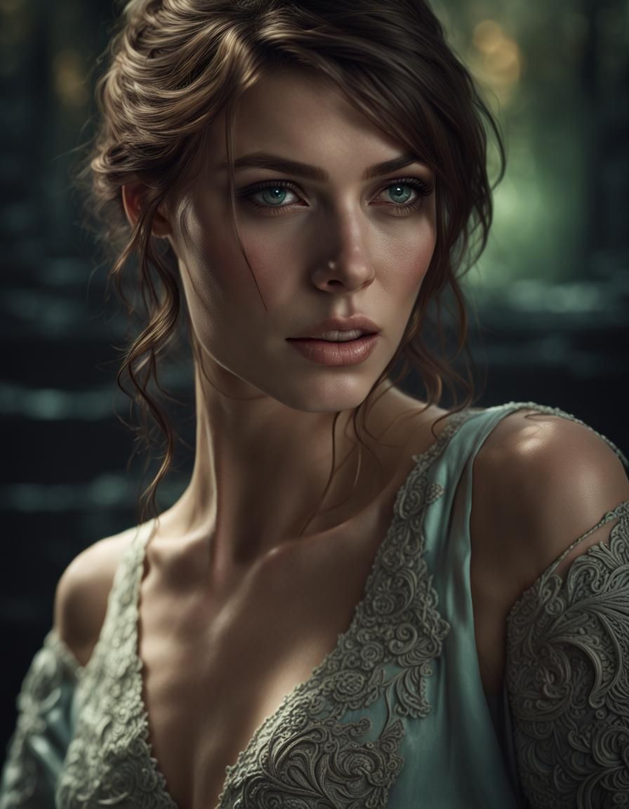 Brunette with Mint Eyes: Hyperrealistic Dark Fantasy Portrai...
