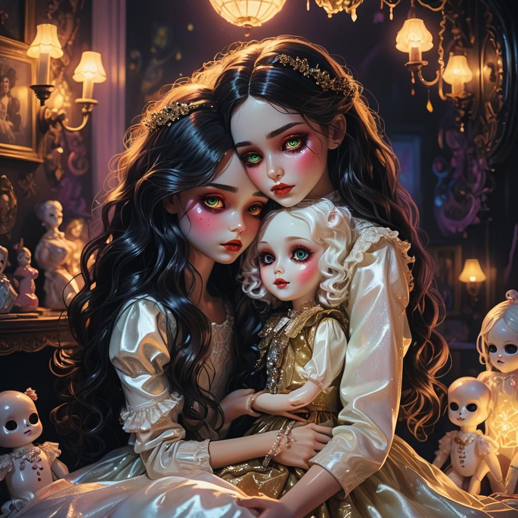 Girl with Porcelain Doll in Anime Chiaroscuro Style