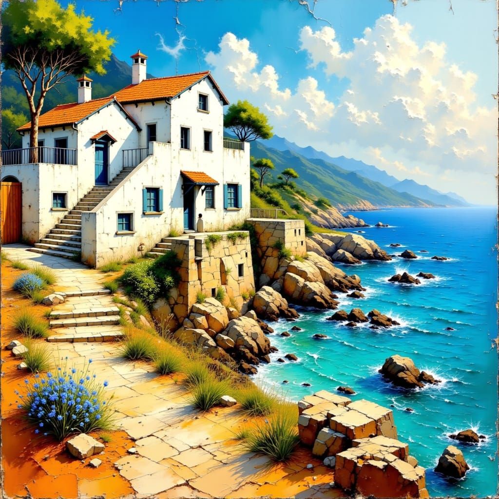 Mediterranean Cliffside House in Impasto Oil Painting Style