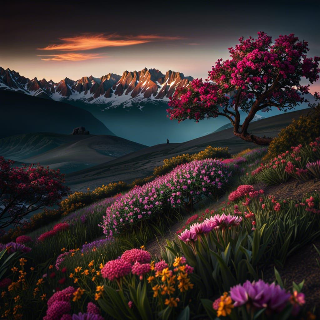 Hyperrealistic Landscape with Mountains, Trees, and Flowers
