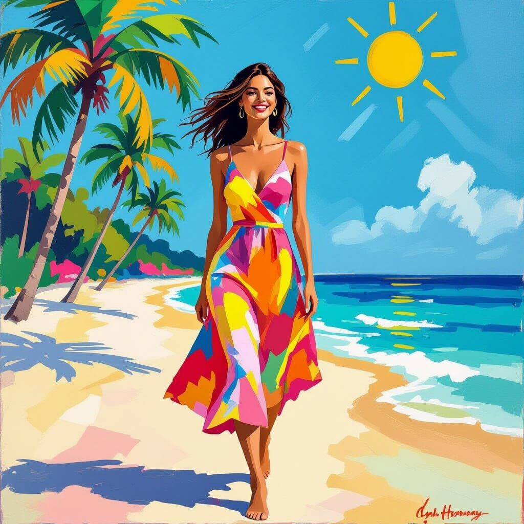 Woman on Sunny Beach in Vibrant Modern Art Style