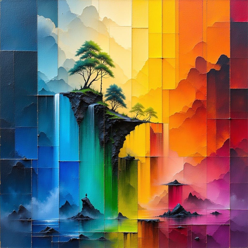 Rainbow Waterfall Diorama in Surrealist Style