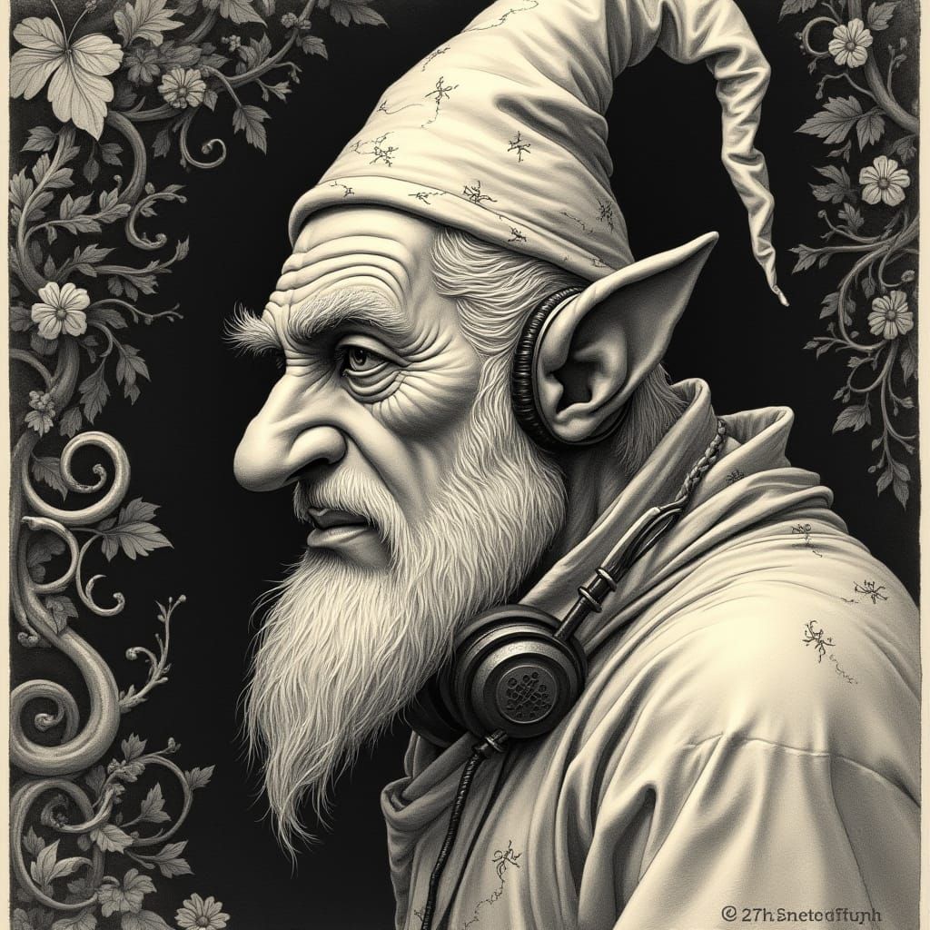 Rugged Gnome in Profile, Etched in Rembrandt Style