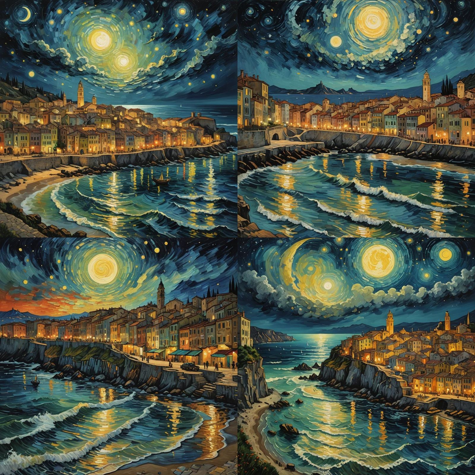 Italian Coastal Town at Night in Van Gogh Style