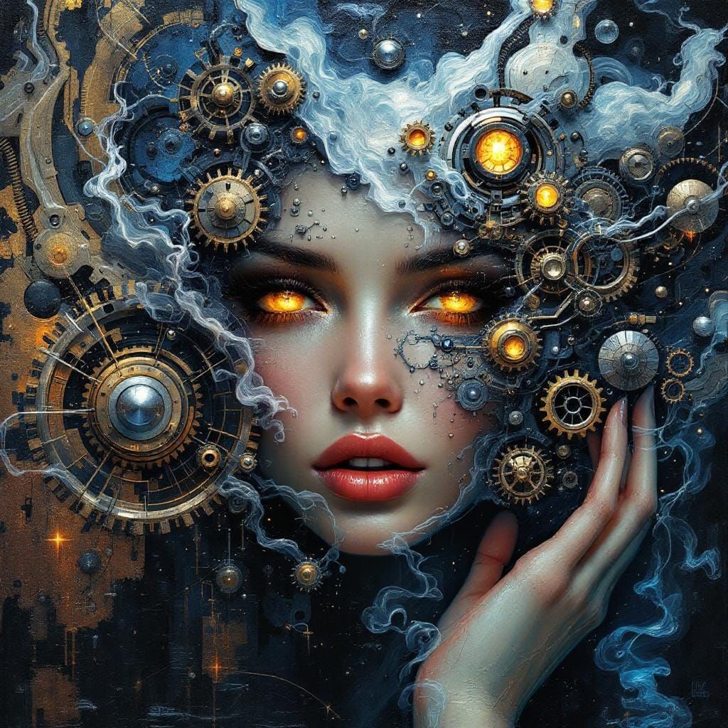 Steampunk Female Portrait with Golden Eyes as Impasto Painti...