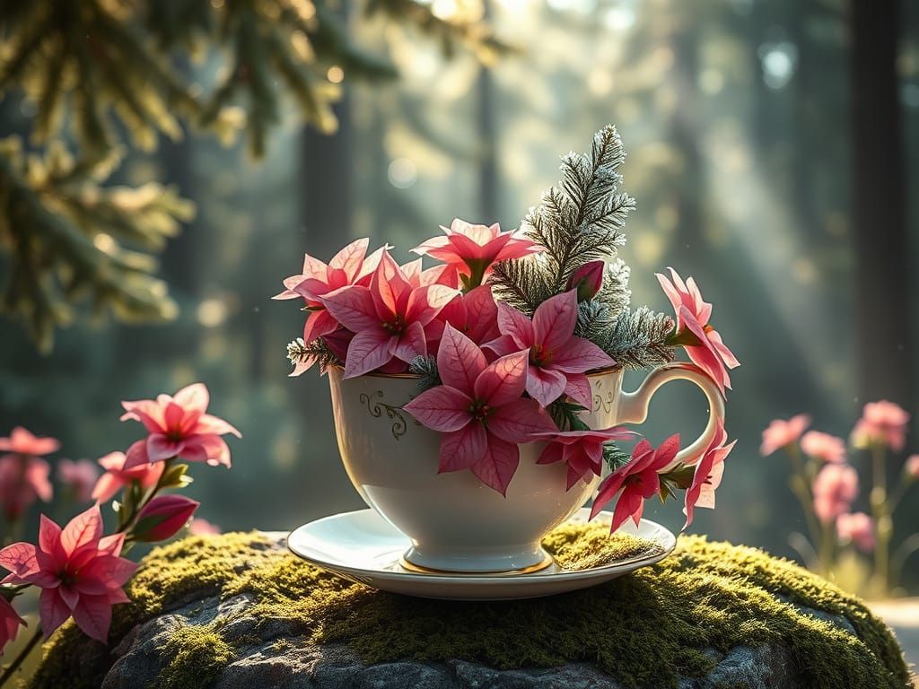 Ethereal Teacup with Pink Poinsettias in Enchanted Forest