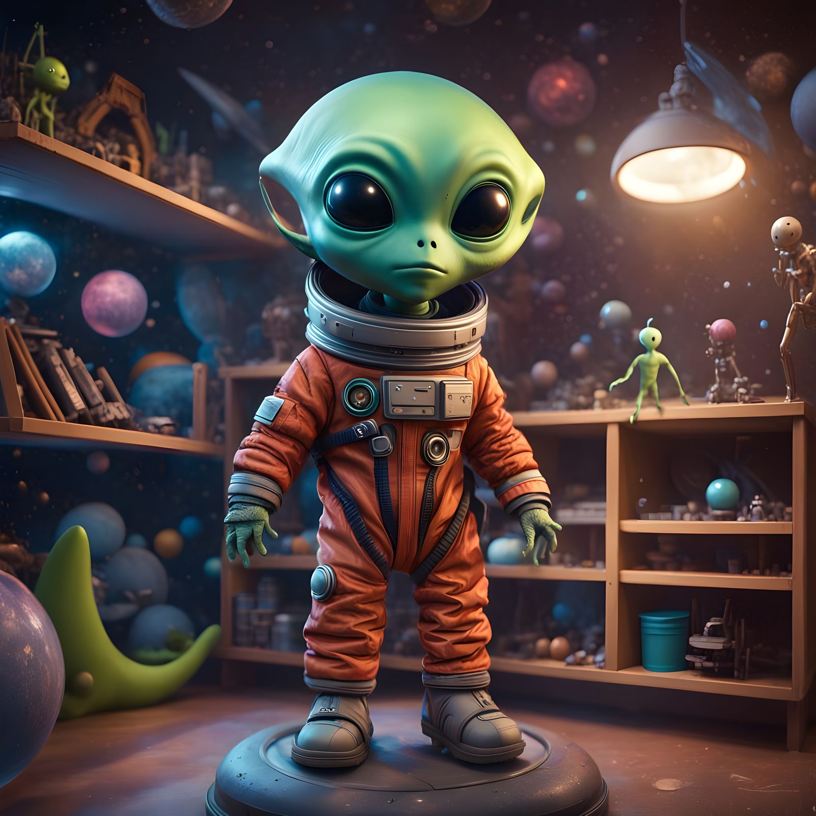 Small Alien in Space Suit on Toy Shelf