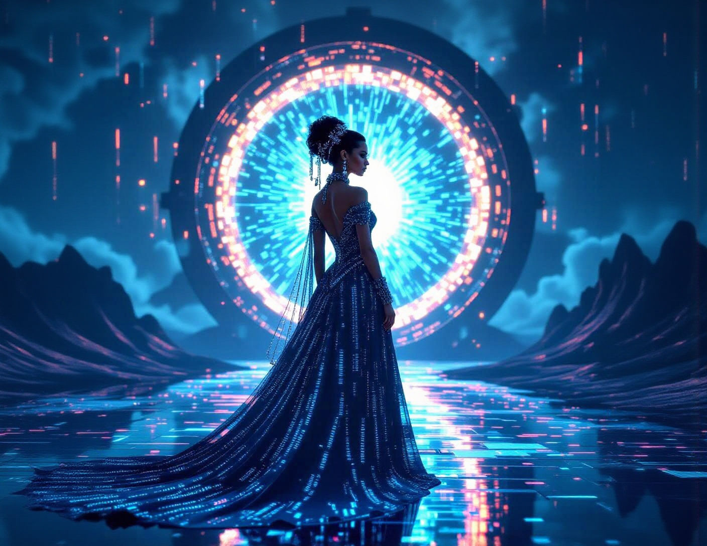 Digital Oracle in Binary Gown Before Portal