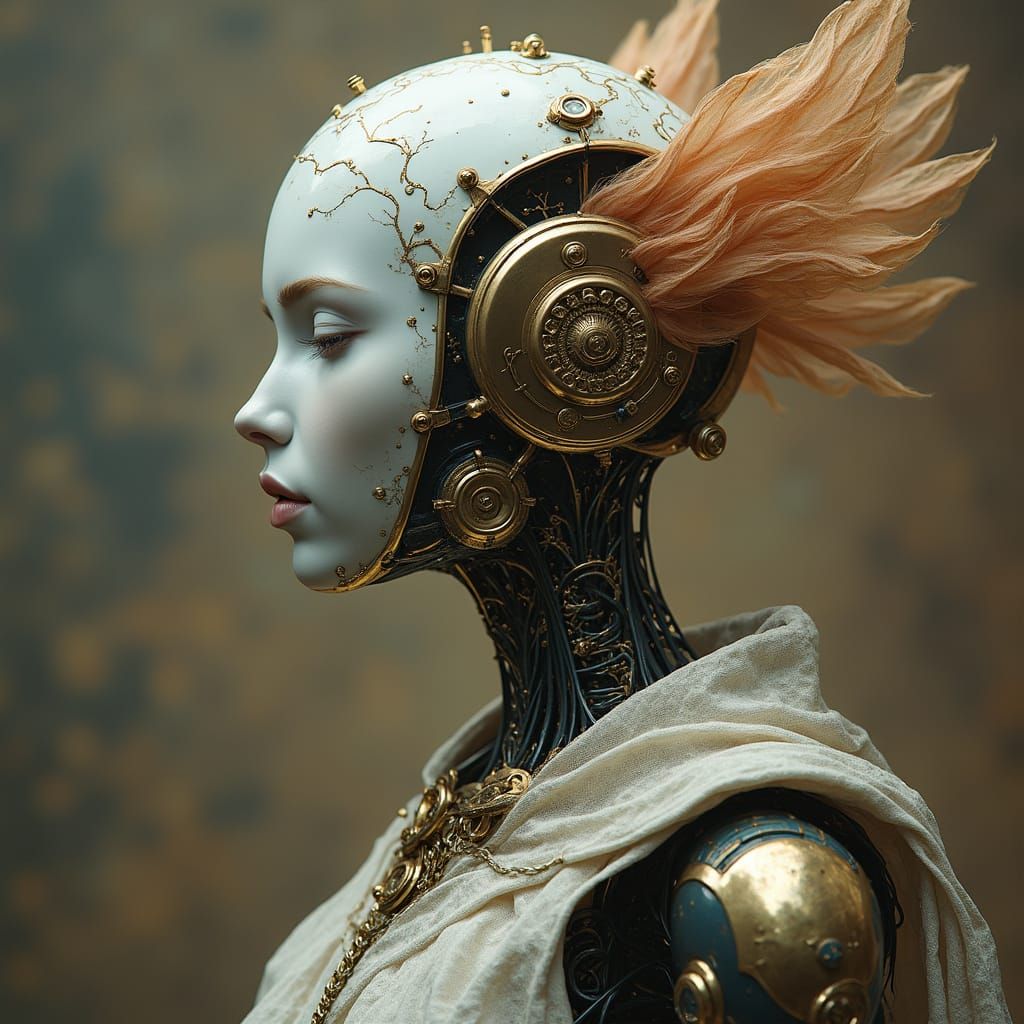 Surreal Steampunk Robot with Classical Fantasy Aesthetic