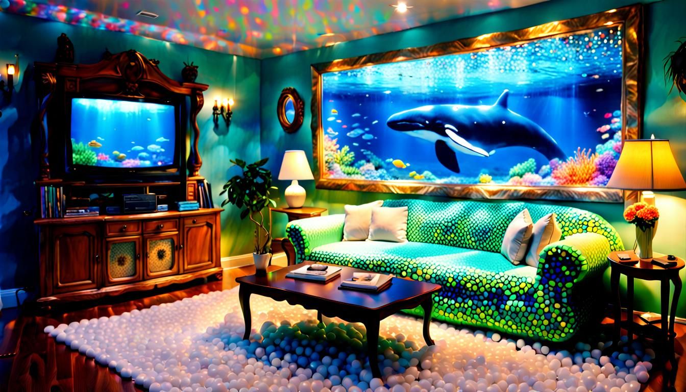 Whimsical Underwater Whale Home in Pointillist Style