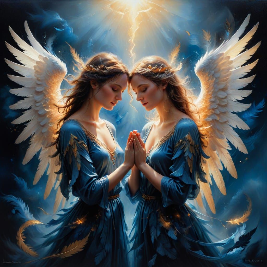 Angels of Light and Darkness in Surreal Oil Painting