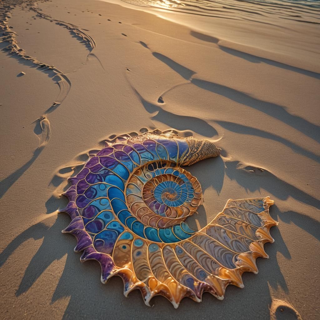 Nautilus Shell Mandala at Sunset: Hyper-realistic Beach Phot...