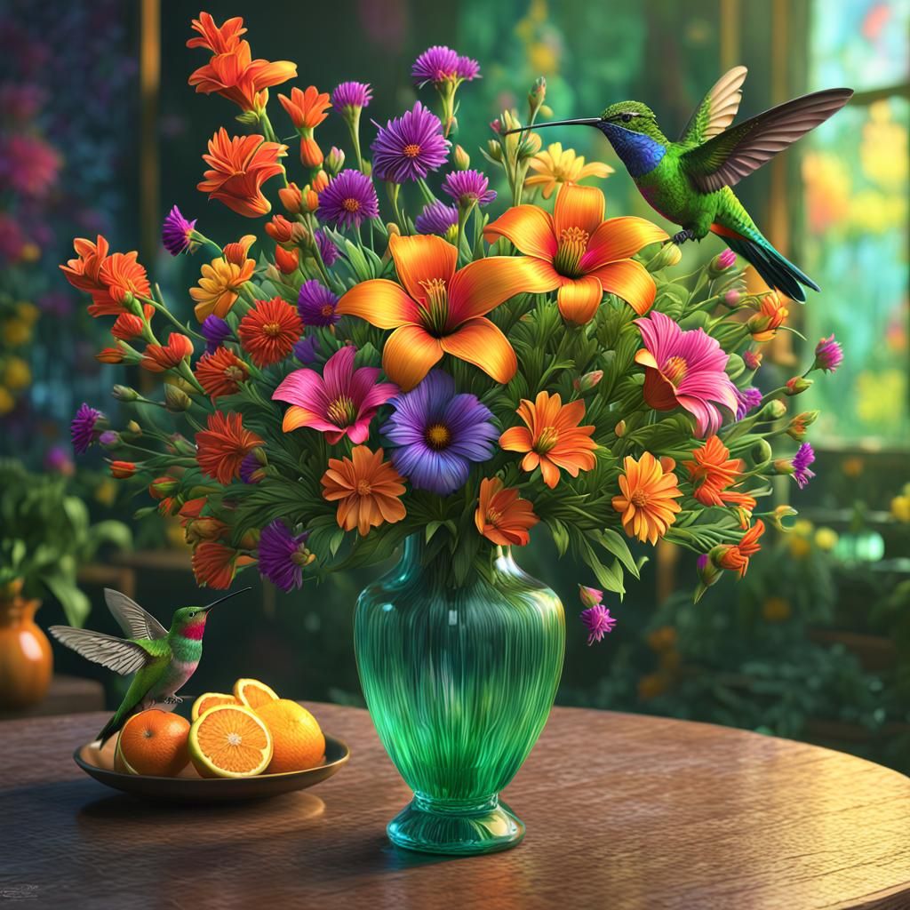 Vibrant Flower Bouquet with Hummingbird: Digital Matte Paint...