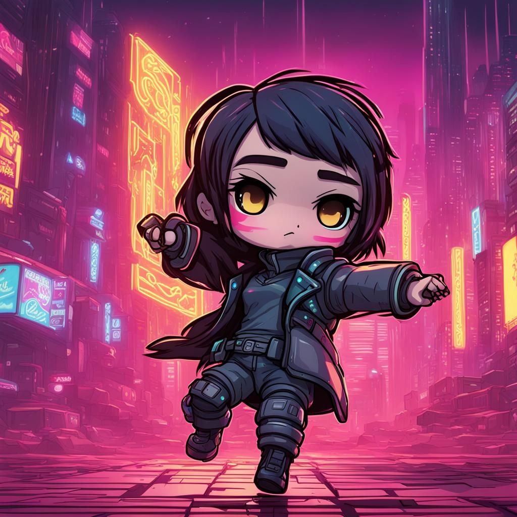 Cyberpunk Chibi Girl with Neon Lights