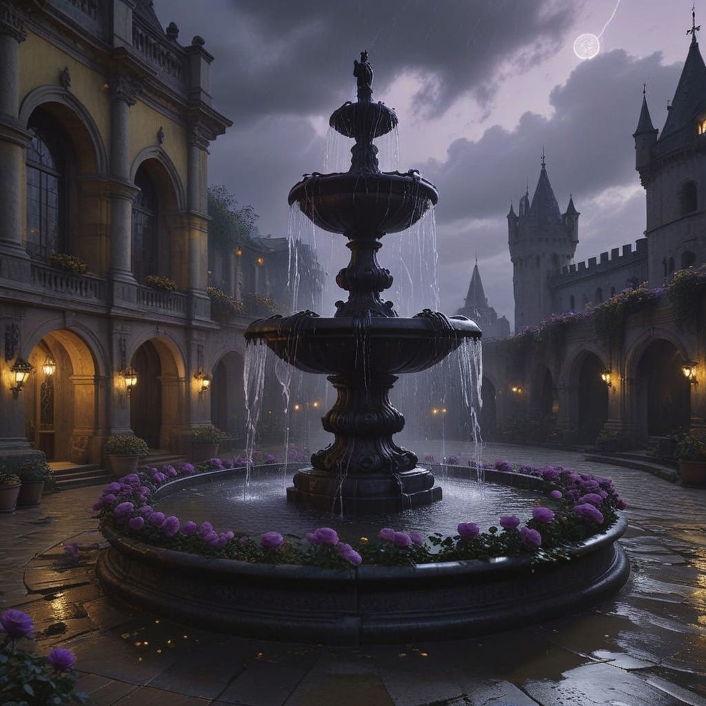 Ornate Fountain with Dark Roses: Dark Fantasy Art