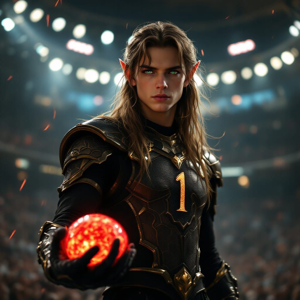Fantasy Elf Athlete Holds Glowing Ball in Arena