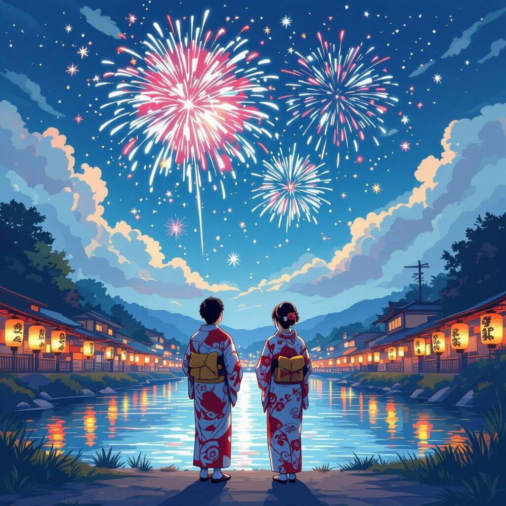 Couple Watching Fireworks in Anime Style