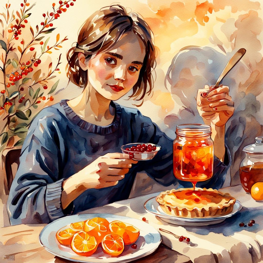 Barberry Branch, Tea, and Pie in Watercolor Style