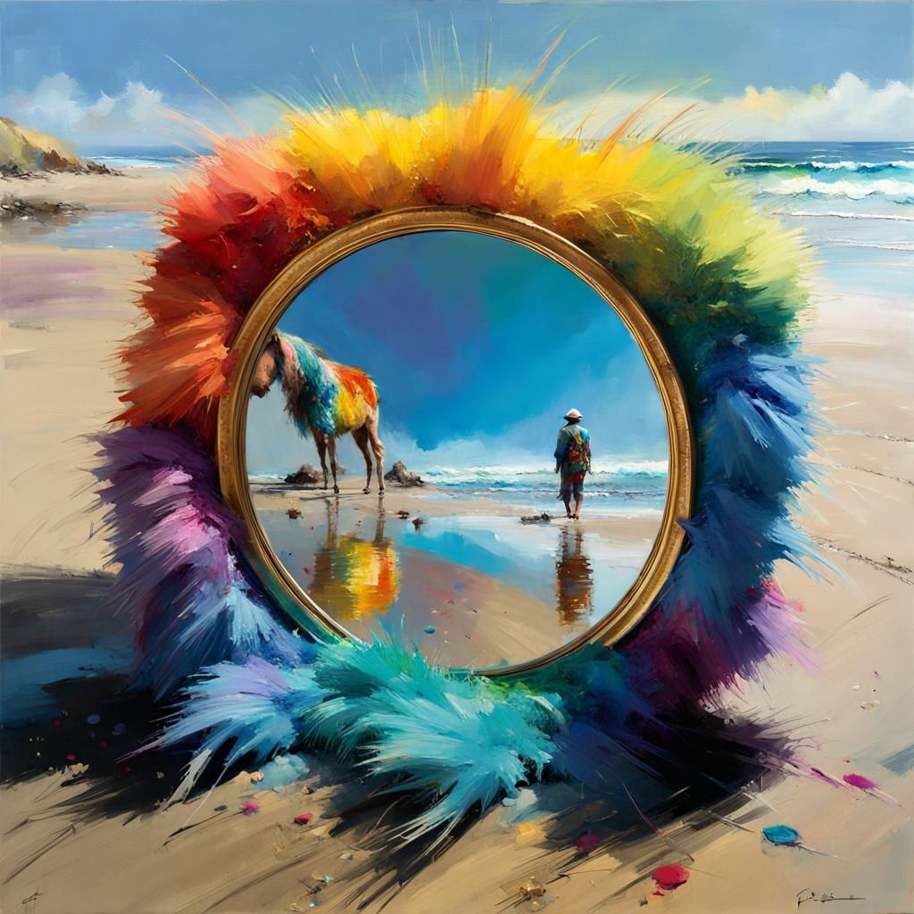 Rainbow Craft on Beach with Shimmering Mirror