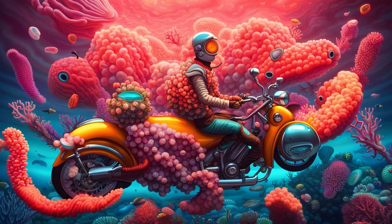 Surreal Sausage Motorcycle Rides Coral Reef