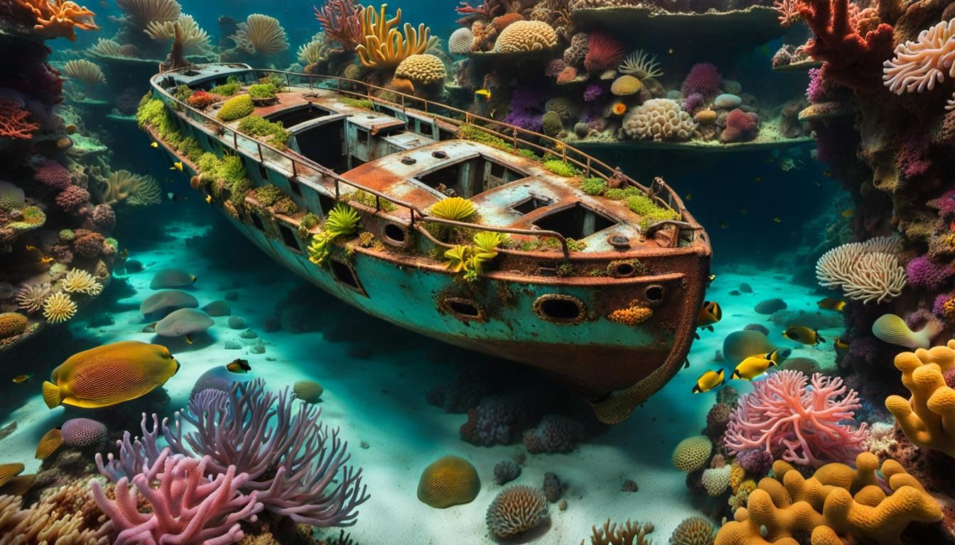 Sunken Boat Transformed into Underwater Garden