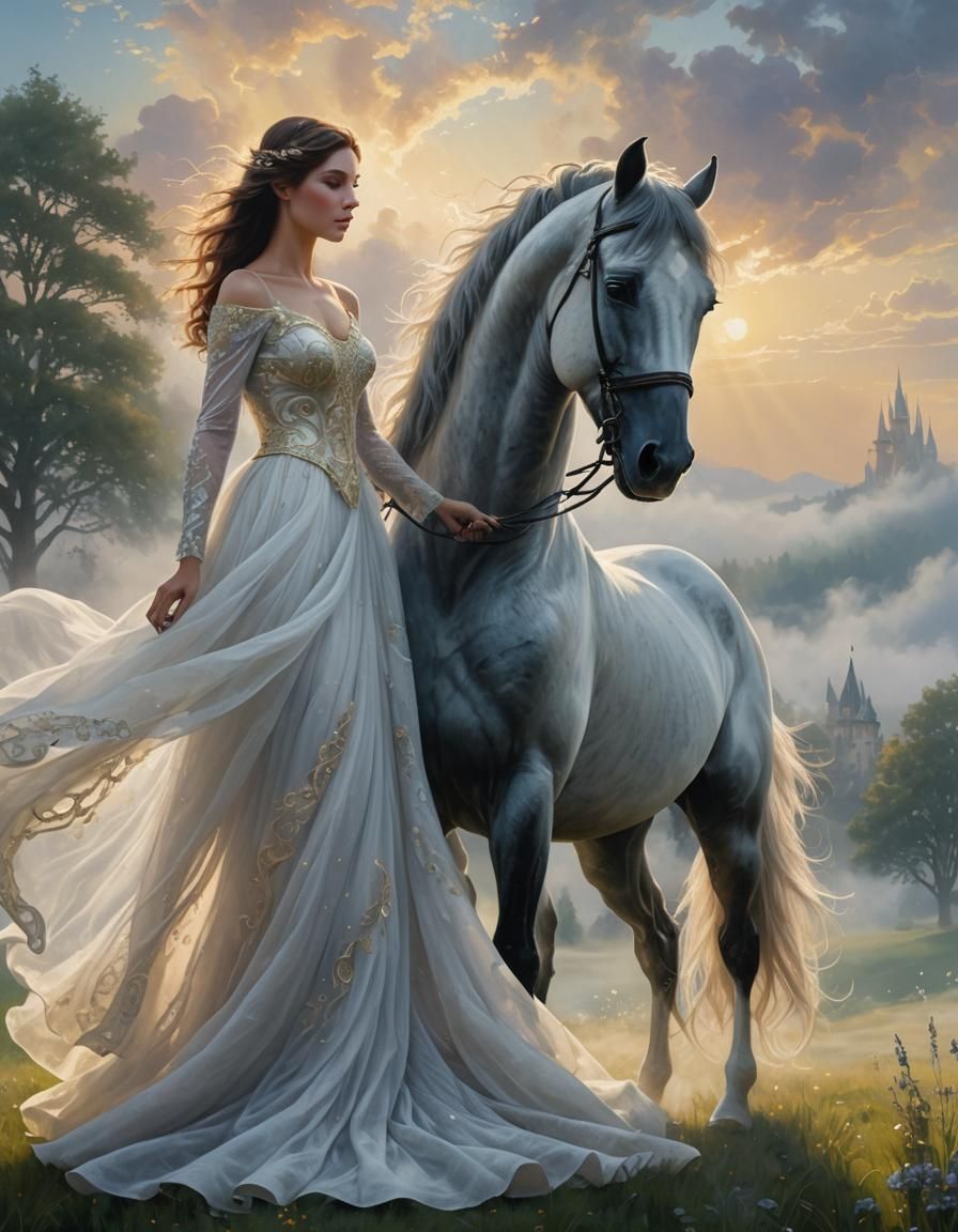 Woman and Black Horse in Ethereal Landscape