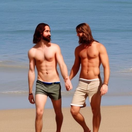 Shirtless Jesus on Beach with Husband: Inclusive Art