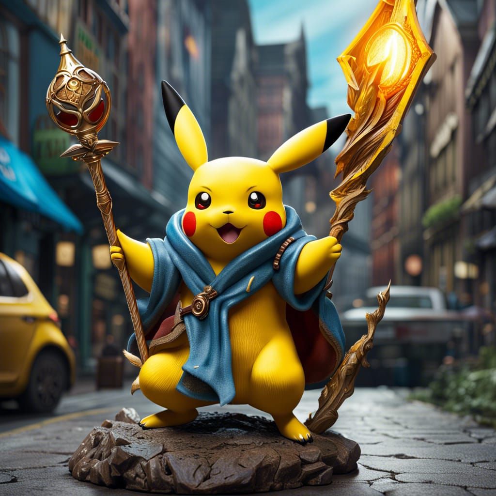 Wizard Pikachu Figure on a Fantasy Street