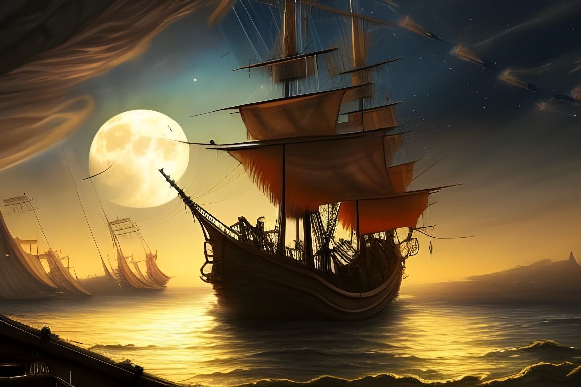 Surreal Pirate Ship at Night Under Moonlight