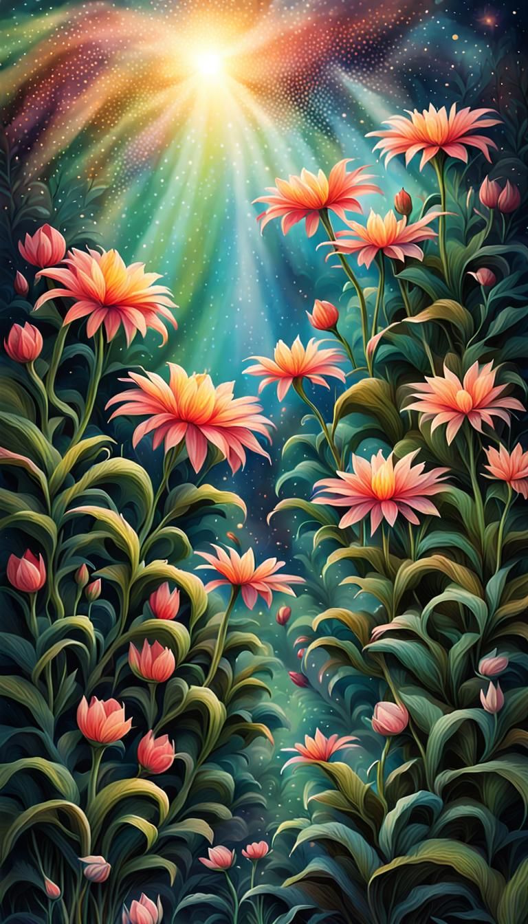 Mystical Plant Radiating Light from Hidden Flowers