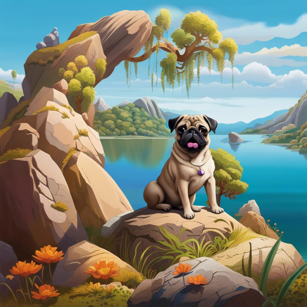 Pug Contemplates Lakeside View: A Digital Painting