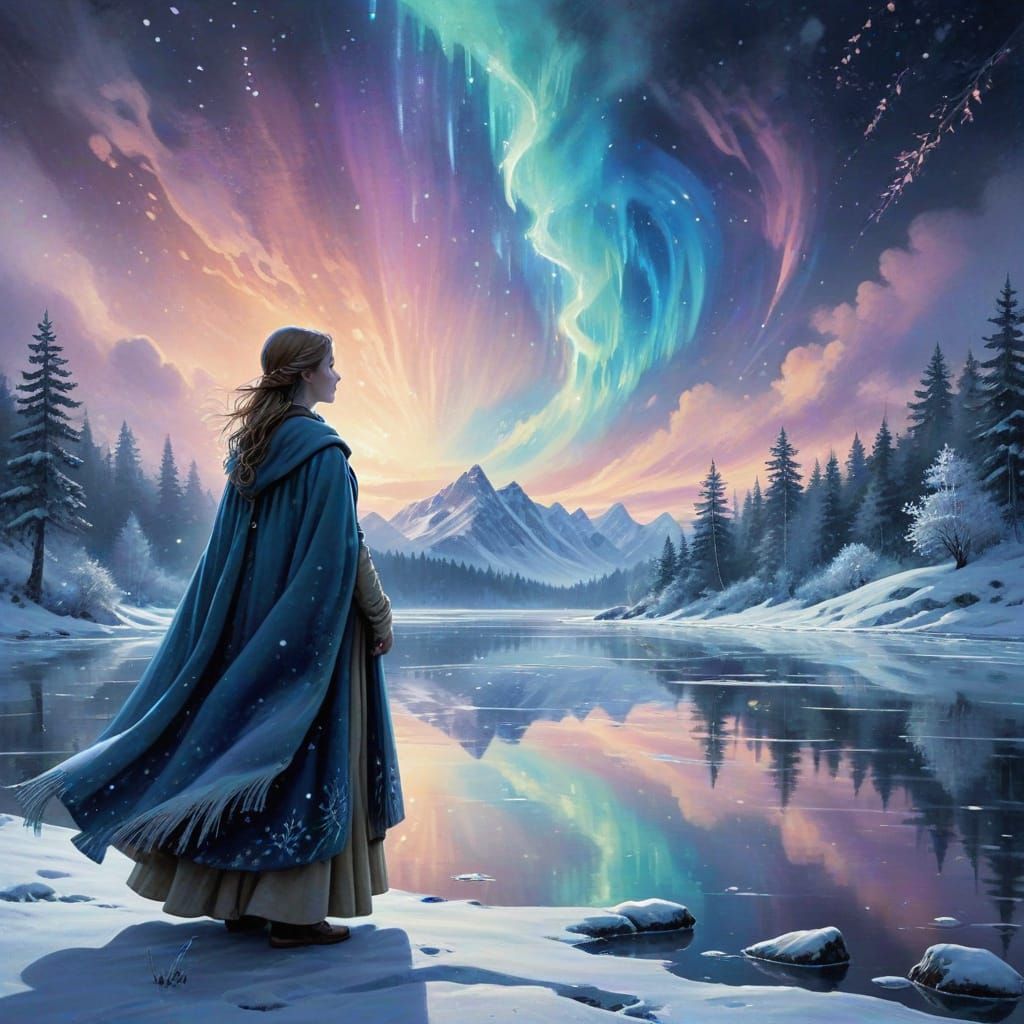 Magical Winter Landscape with Aurora in Watercolor Style