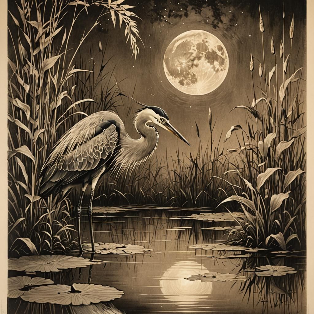 Vintage Heron Lithograph in Sepia Tones