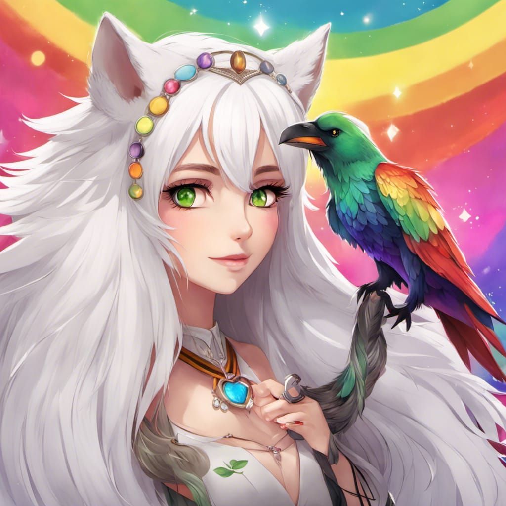 Wolfie with a Rainbow Raven