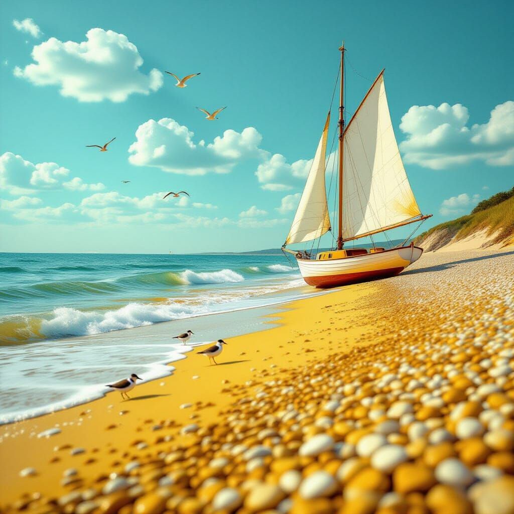 Vintage 1920s Beach Scene with Sailboat and Sandpipers