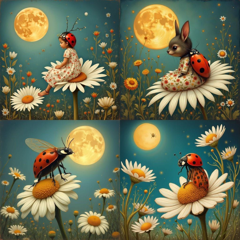 Ladybug on Daisy Under Moonlight